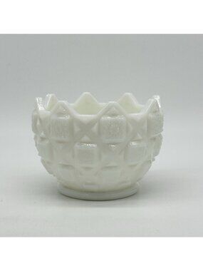 VTG Milk Glass Short Vase Bowl Planter Small Blocks W/ Flowers Round White